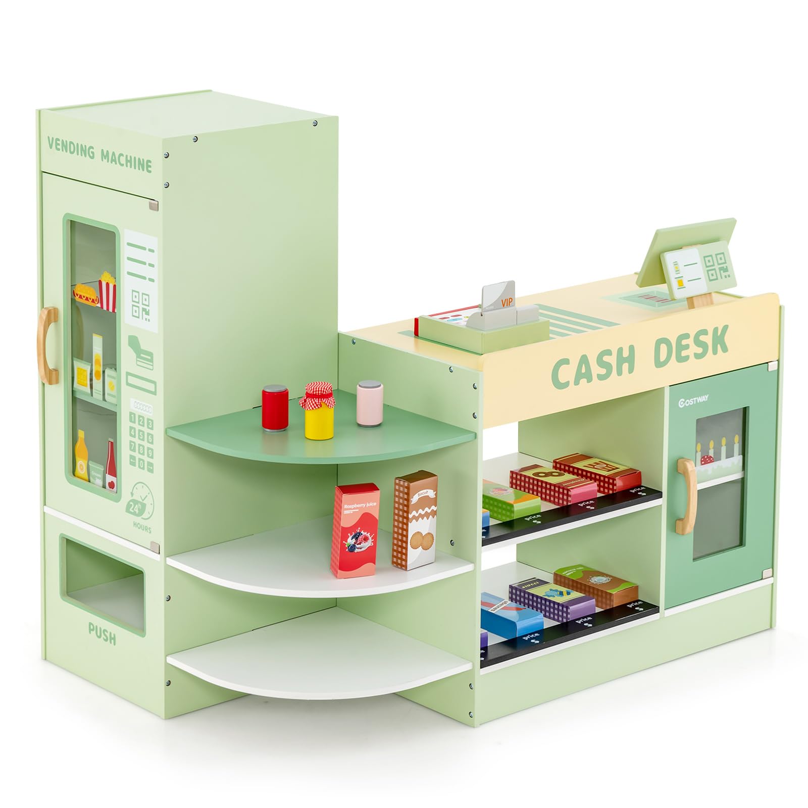 HONEY JOY Wooden Supermarket Play Toy Set, Kids Grocery Store Playset with Checkout Counter