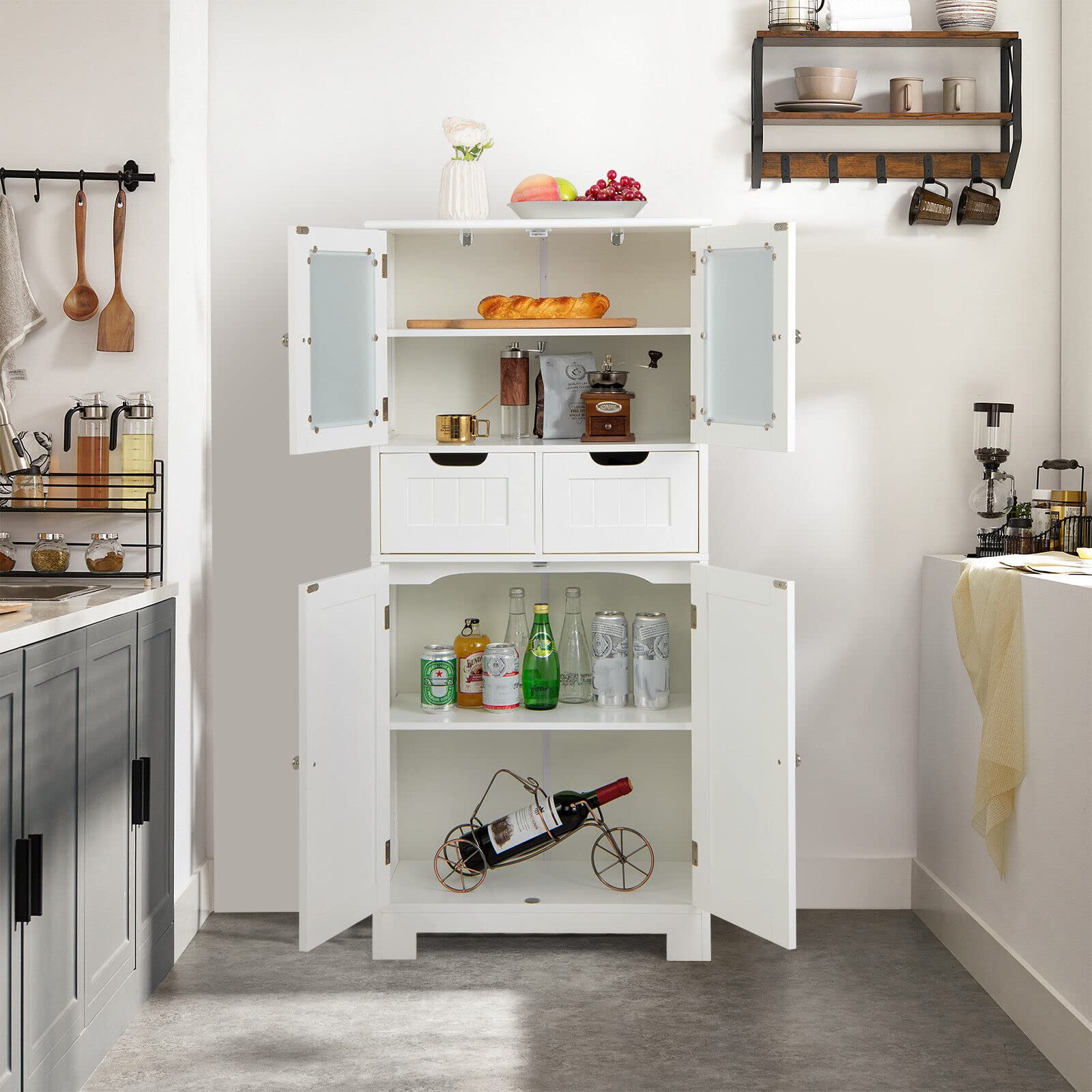 Giantex Floor Storage Cabinet with 4 Doors, Freestanding Bathroom Cabinet with 2 Glass Doors, White
