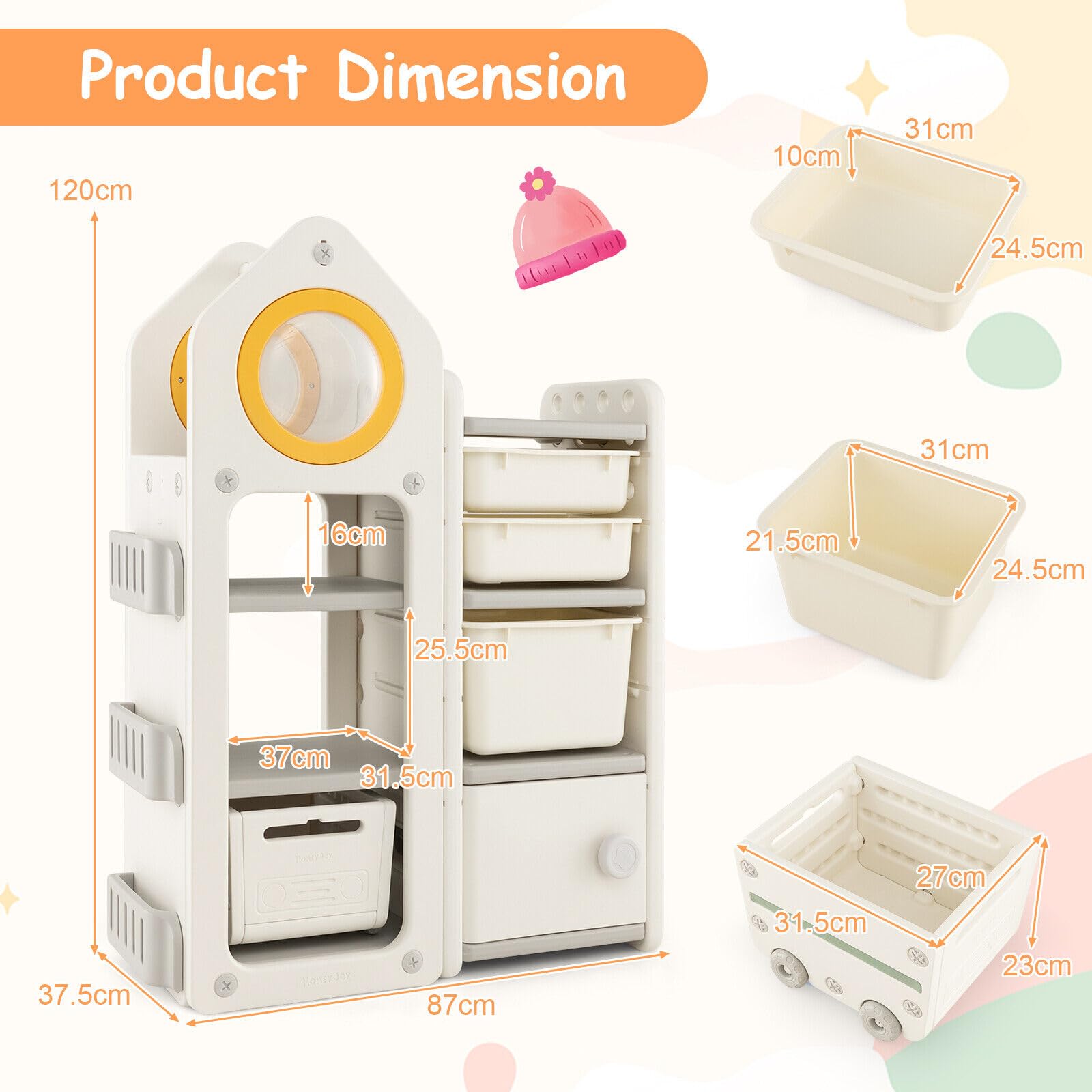 HONEY JOY Kids Toy Storage Organiser, Toy Chest and Bookshelf w/Mobile Trolley, Enclosed Cabinets & Storage Bins