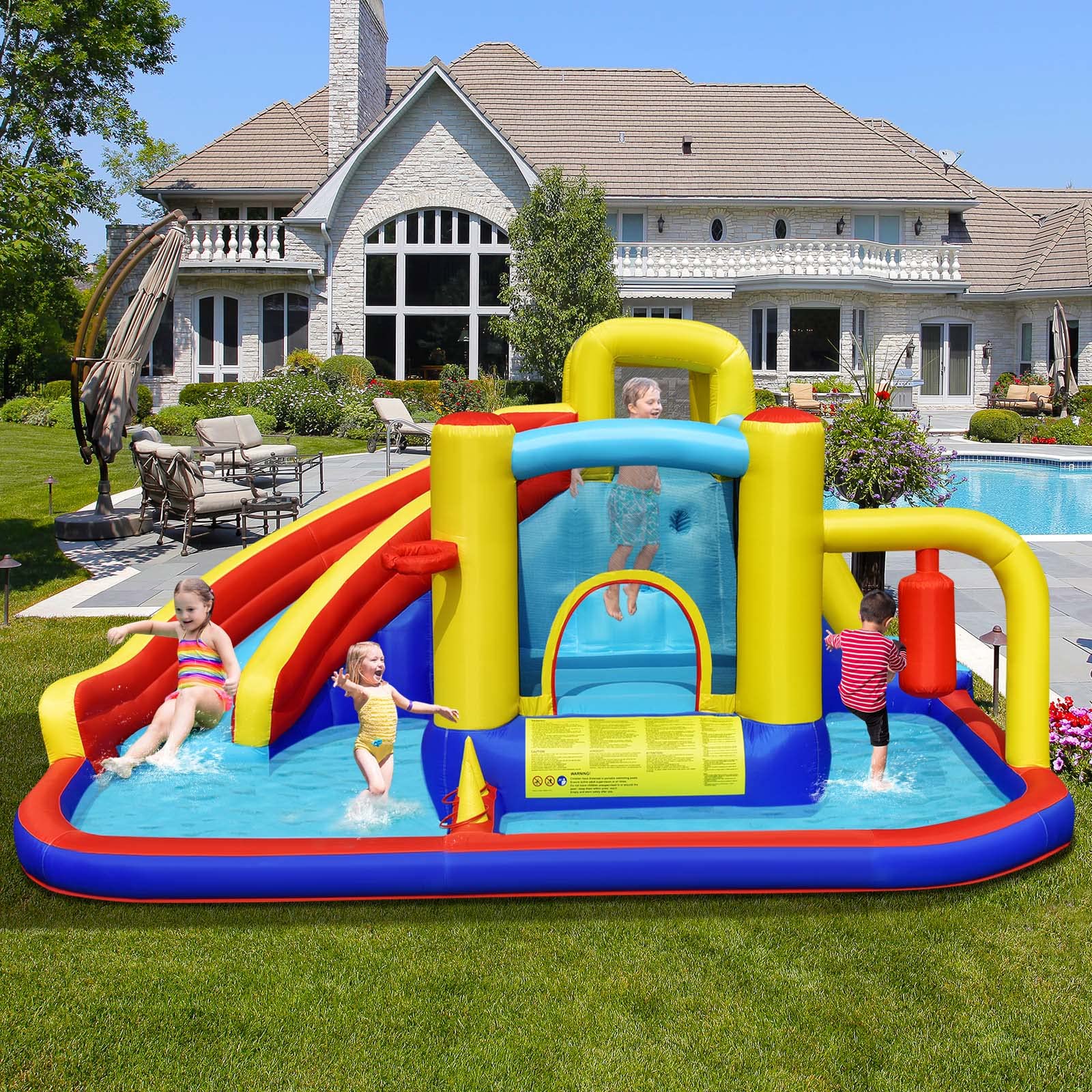 7-in-1 Inflatable Bounce Castle with Curved Water Slide (without Blower)
