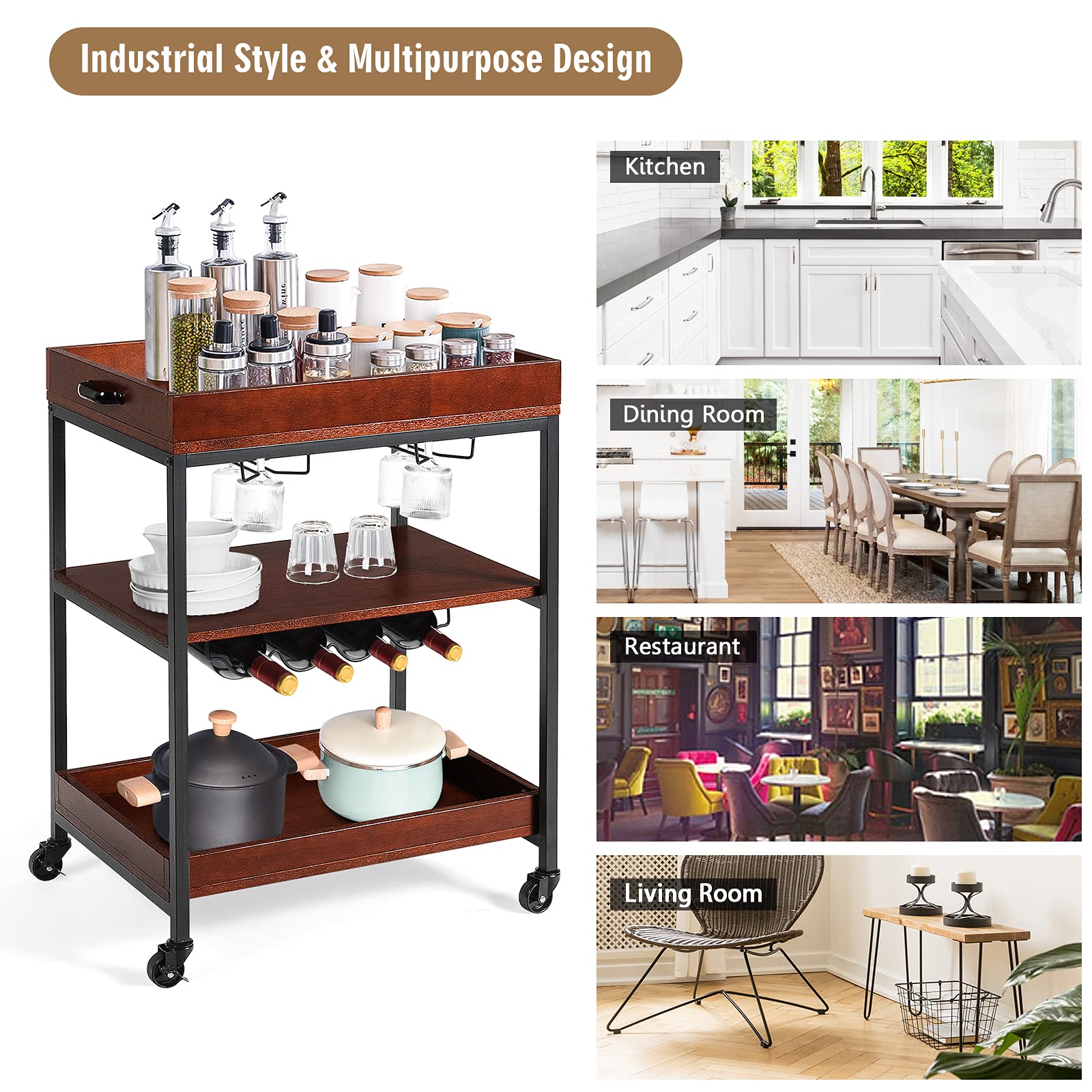 Giantex Kitchen Serving Trolley, 3-Tier Rolling Bar Island Serving Cart, Cart Trolley on Wheels with Handle