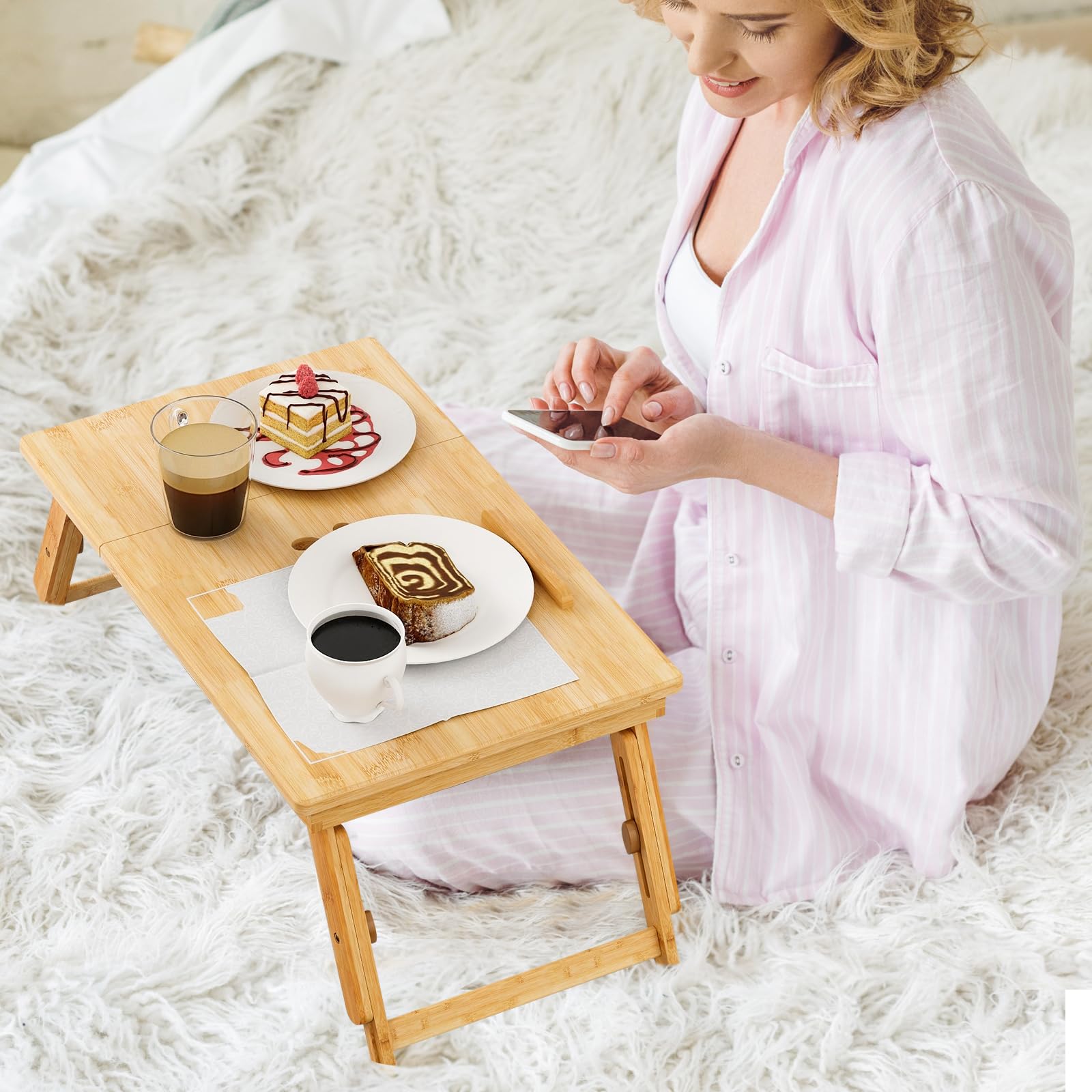 Giantex Bamboo Laptop Lap Tray w/Adjustable Legs & Tilting Heat-Dissipation Top