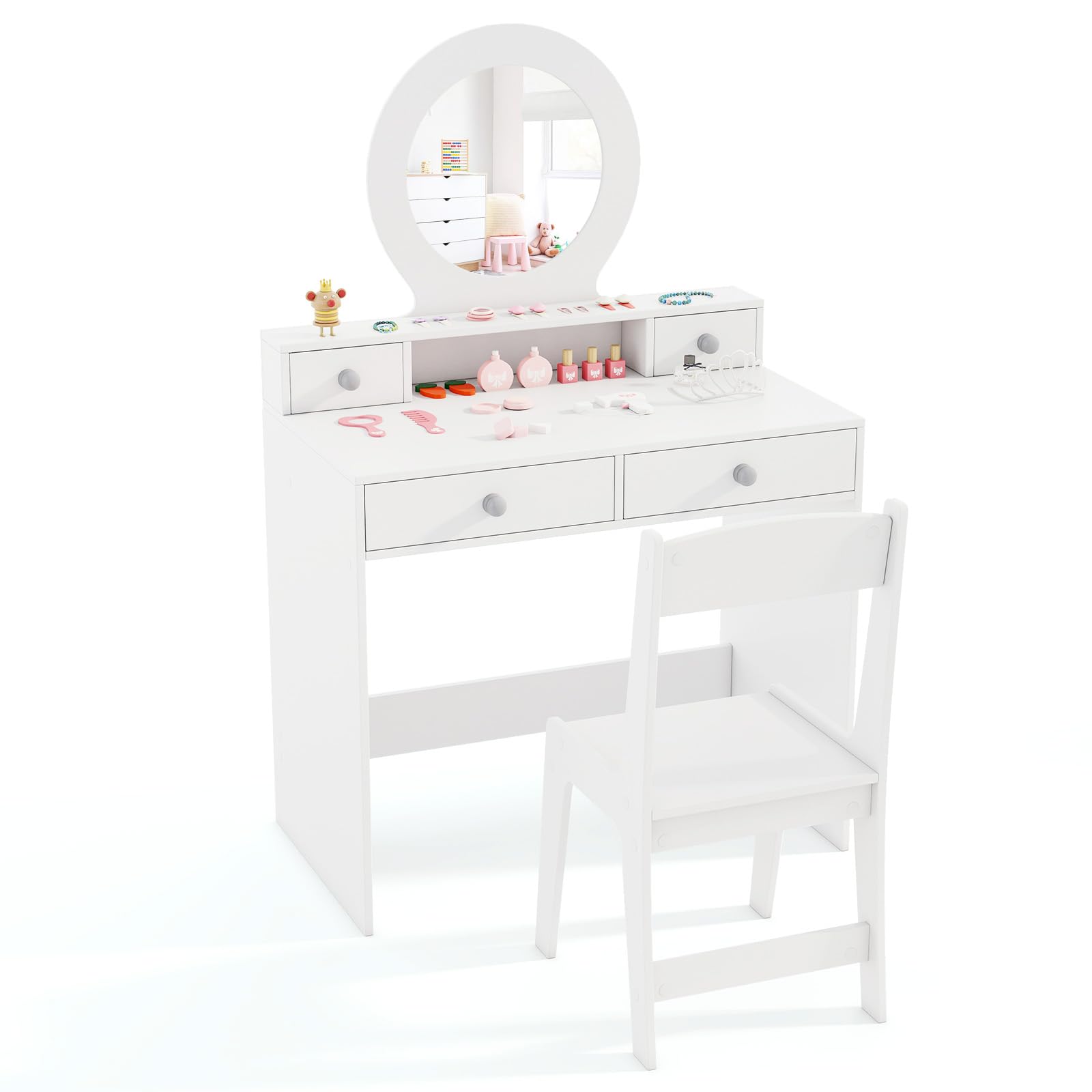 Kids Vanity Set with Mirror, Princess Makeup Dressing Desk and Chair Set with Mirror, Open Shelf and 4 Storage Drawers, Pretend Play Vanity Table Set (White)