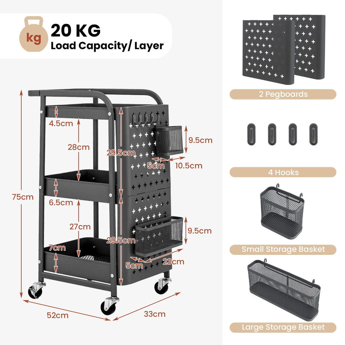 3-Tier Rolling Cart, Storage Trolley Organizer w/DIY Dual Pegboards, 2 Baskets, 4 Removable Hooks