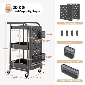 3-Tier Rolling Cart, Storage Trolley Organizer w/DIY Dual Pegboards, 2 Baskets, 4 Removable Hooks
