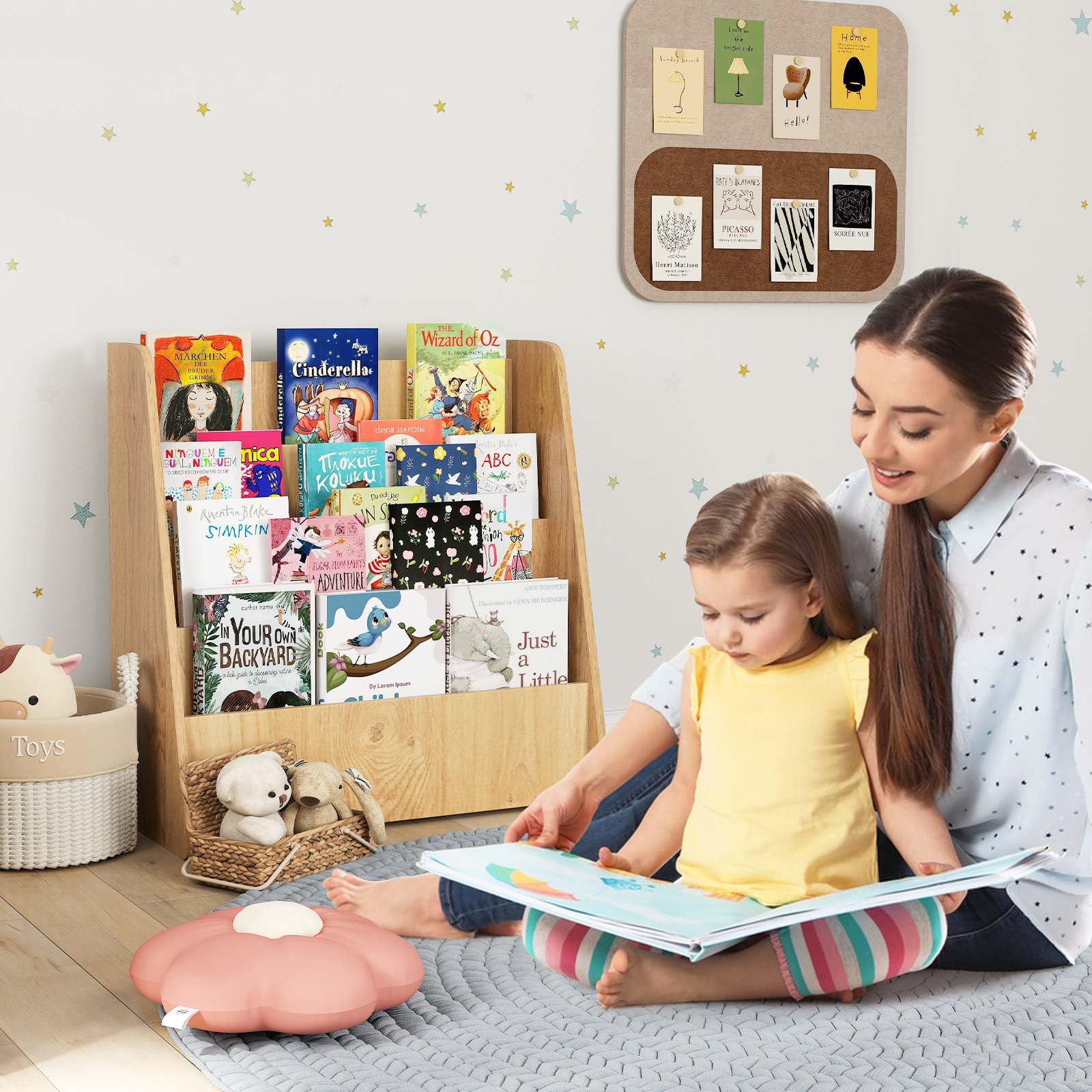 4-Tier Kids Wooden Bookshelf, Front Facing Children Display Bookcase with Deep Compartments