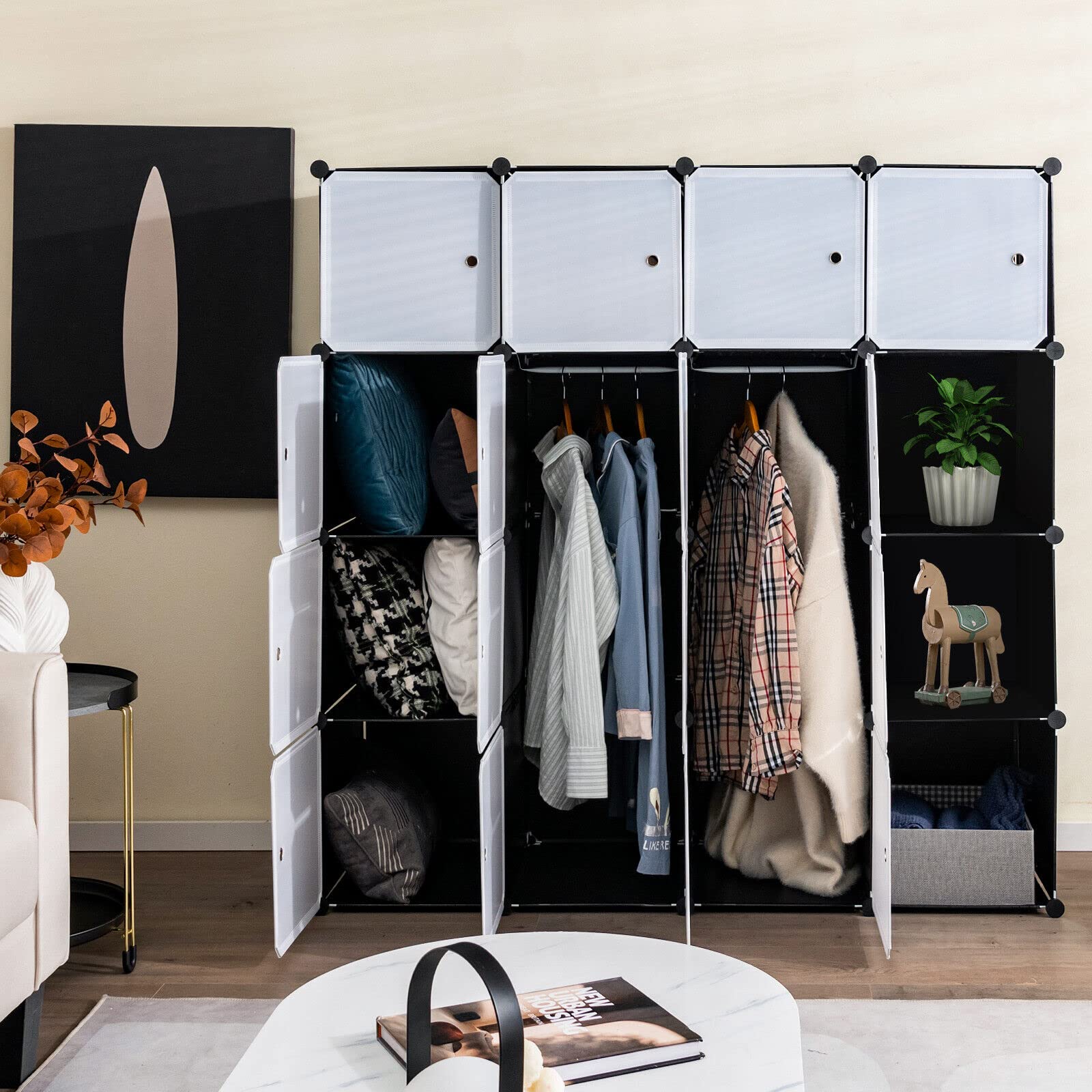 Giantex 16-Cube Storage Organizer DIY Modular Closet Storage Cabinet with Hanging Poles for Clothing Black