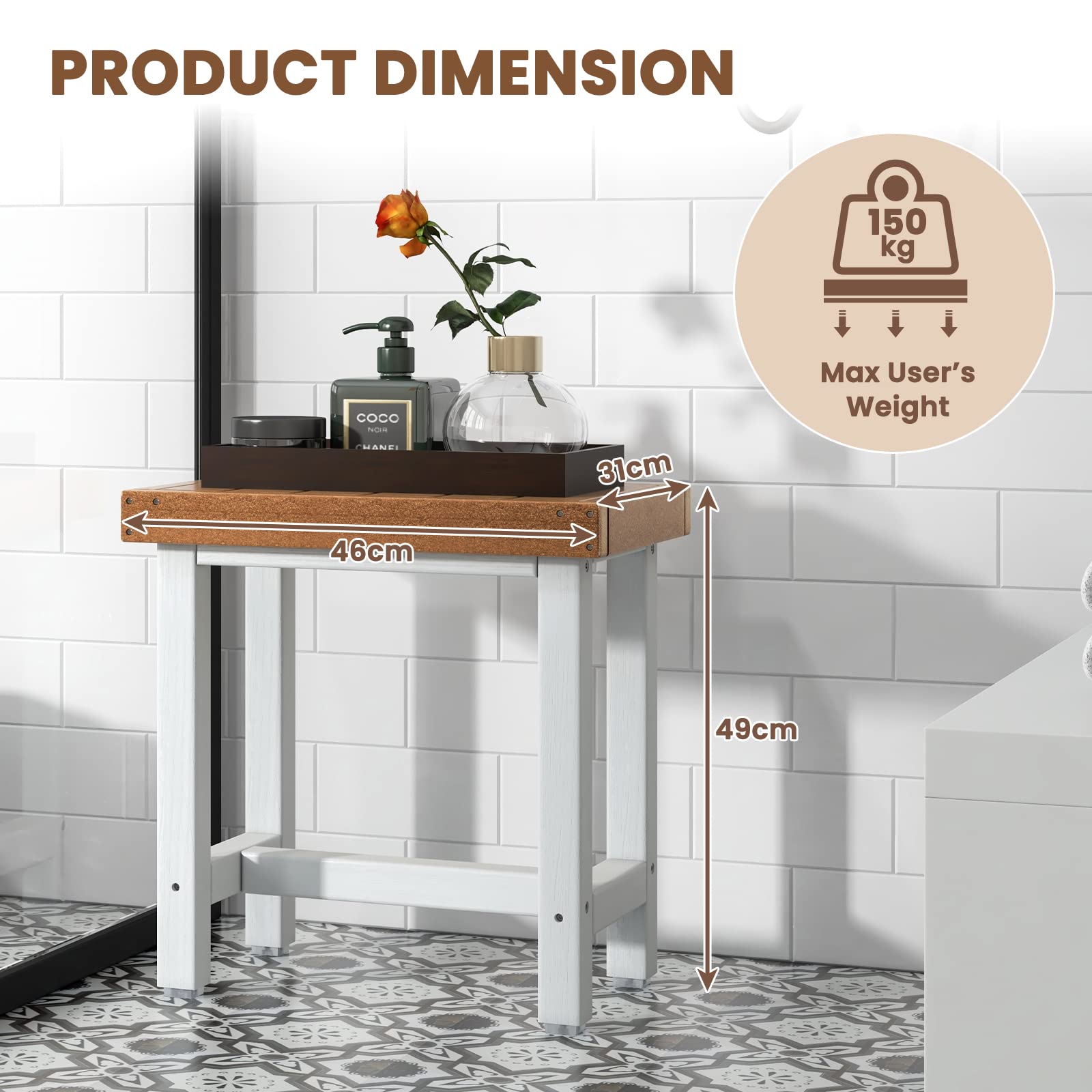 Waterproof Shower Bench, HDPE Inside Shower Seat for Bath Spa & Shaving Legs