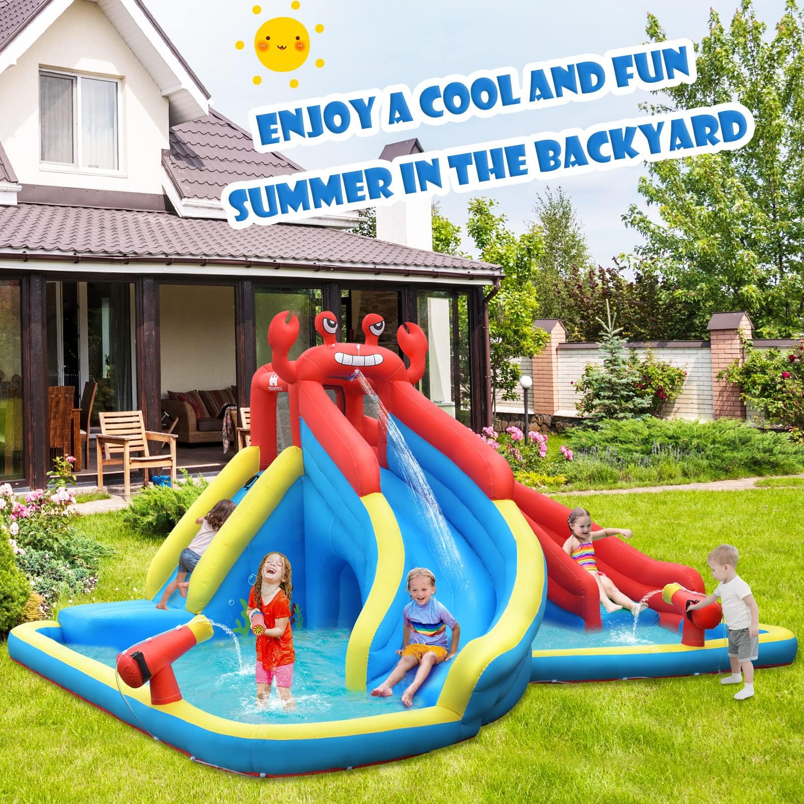 HONEY JOY Inflatable Water Slide, 7 in 1 Giant Water Park Double Long Slide w/Splash Pool, Tunnel Adventure