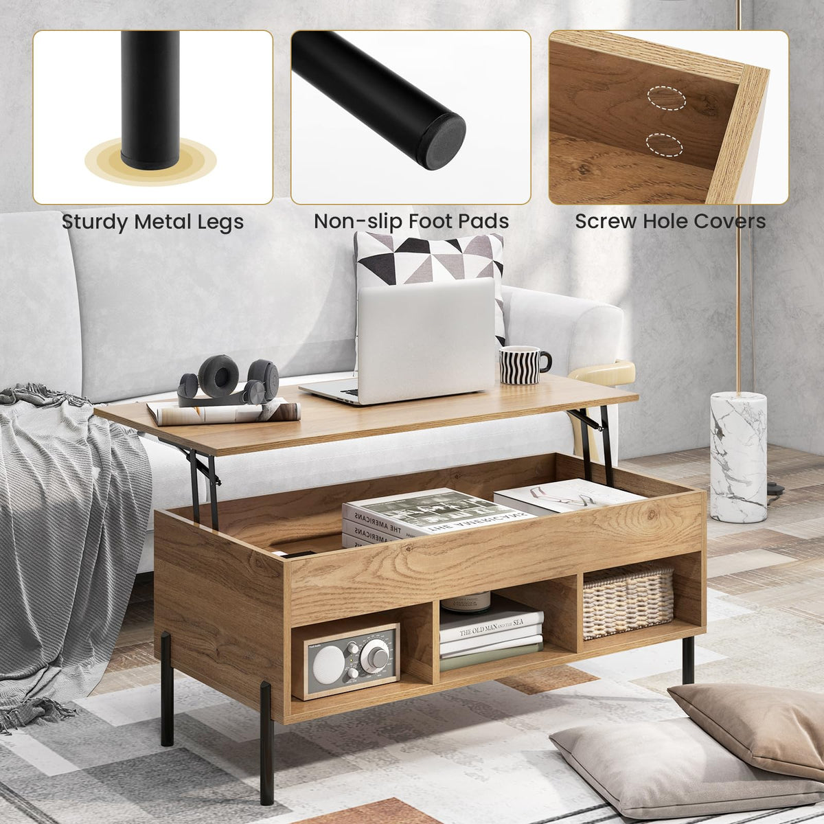 Lift Top Coffee Table, Coffee Station Table with Hidden Compartment, Rising Tabletop, 3 Open Cubbies
