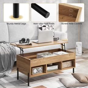 Lift Top Coffee Table, Coffee Station Table with Hidden Compartment, Rising Tabletop, 3 Open Cubbies
