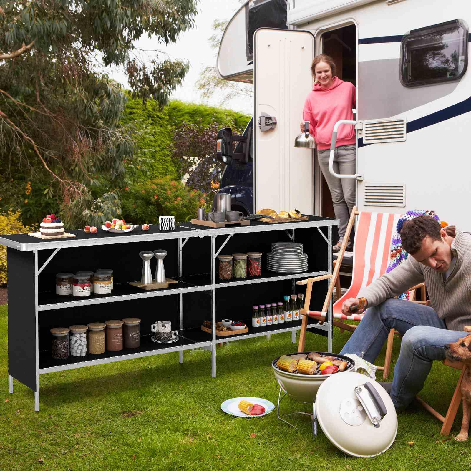 Giantex  Folding Camping Table, Aluminum Portable Picnic Table w/ 2-Tier Open Shelves & Spacious Tabletop