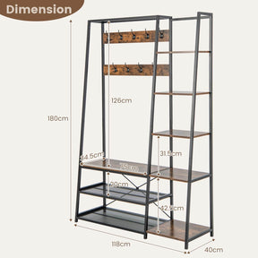 Hall Tree with Storage Bench with 9 Hooks 5 Side Shelves and 2 Mesh Shelves