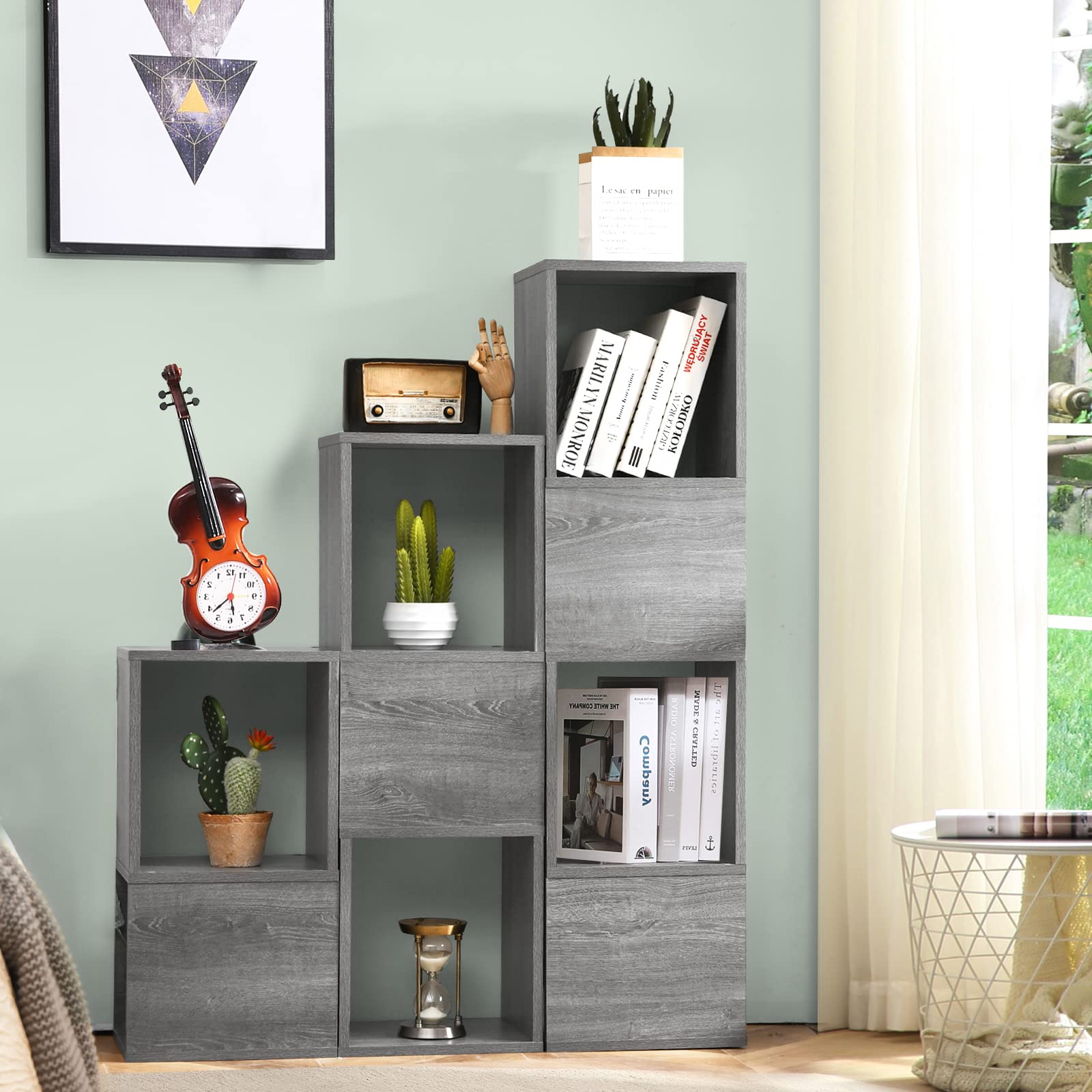 Giantex Wooden 9-Cube Bookcase, Free Combination Bookshelf, Multifunctional Storage Organizer, Grey