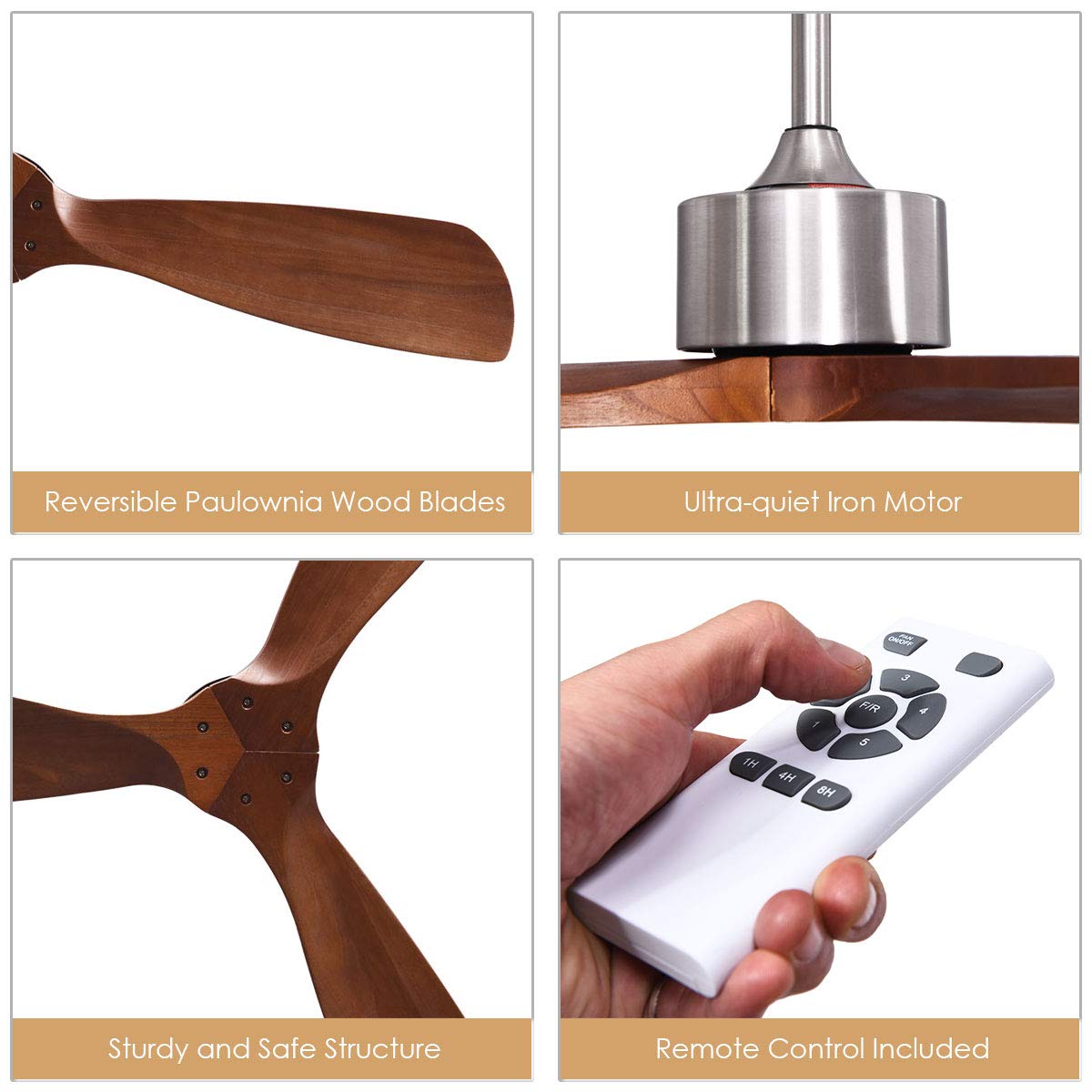 52" Ceiling Fan, Outdoor Indoor Ceiling Fan with Remote Control, 3 Solid Wooden Blades
