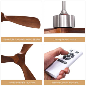 52" Ceiling Fan, Outdoor Indoor Ceiling Fan with Remote Control, 3 Solid Wooden Blades