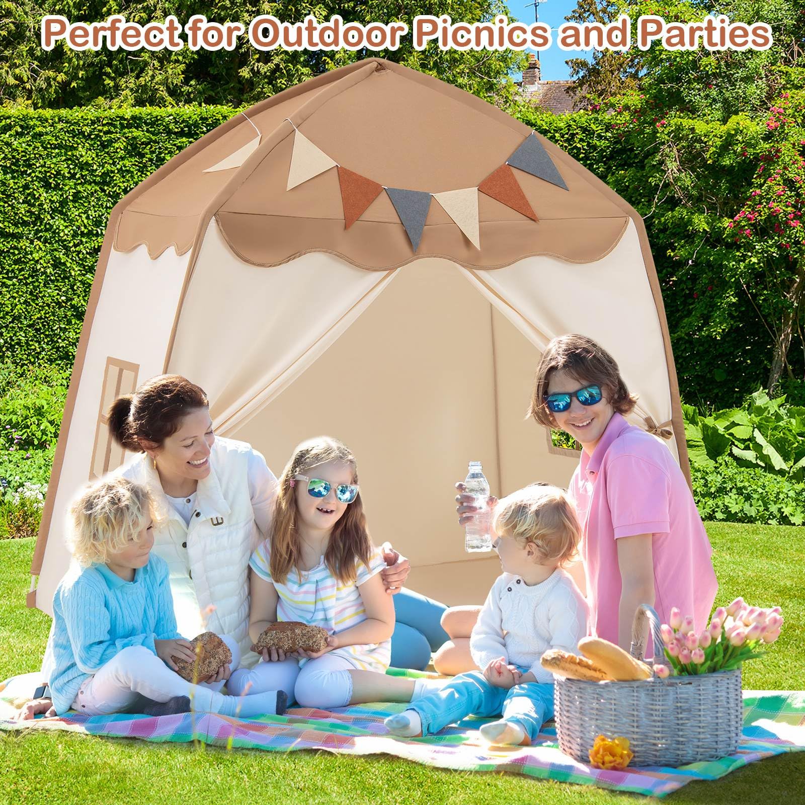 Large Kids Tent, Indoor Outdoor Dome Tent Playhouse w/Bright Lights, Flags, 2 Doors, 2 Windows, Machine Washable Teepee Tent for Toddlers