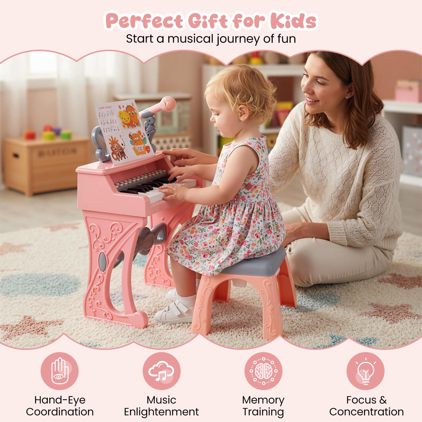 HONEY JOY Mini Keyboard Piano for Kids, 25 Keys Electric Piano w/Stool
