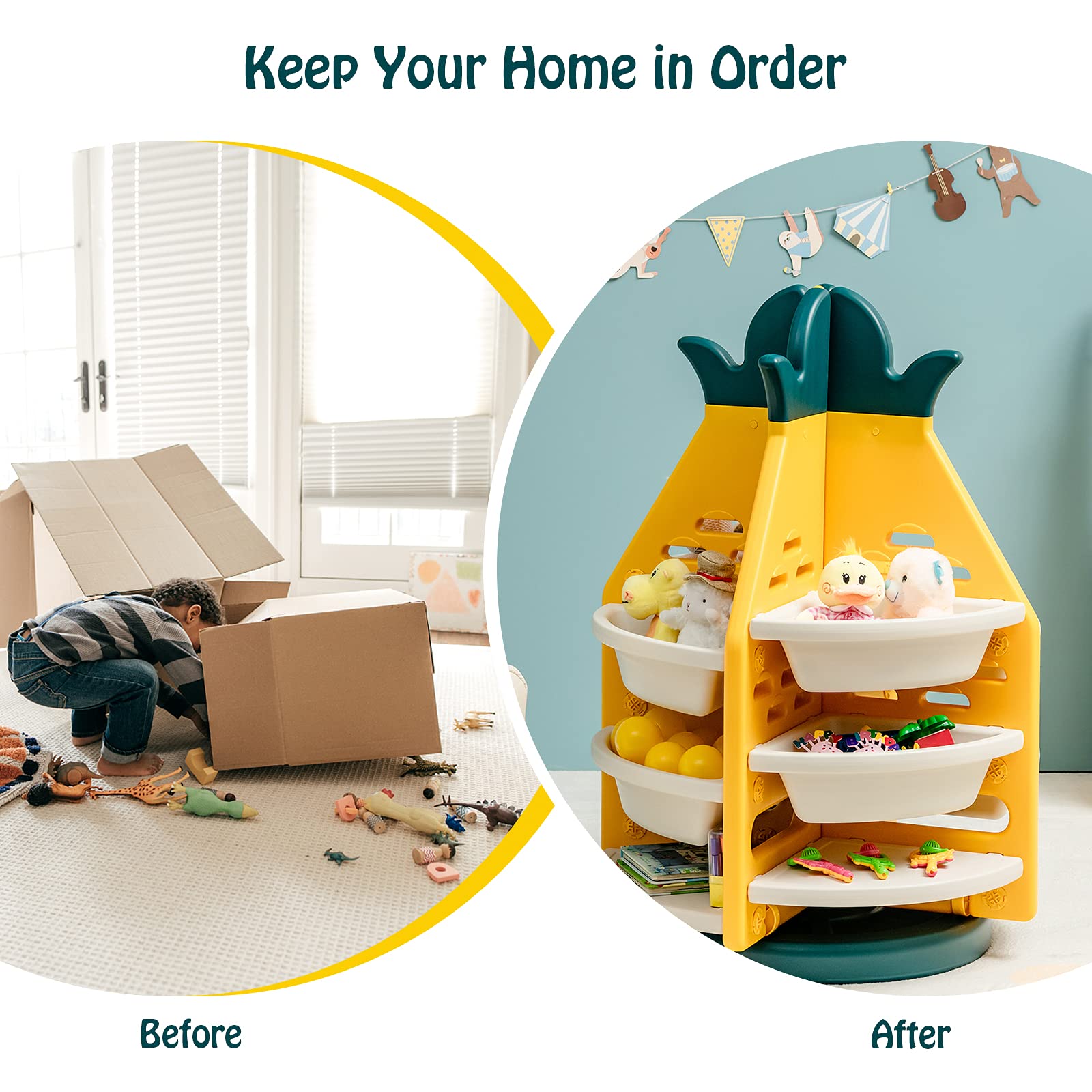 BABY JOY Kids Toy Storage Organiser, 3-Tier 360° Rotating Toy Shelf w/ 8 Bins & 4 Shelves