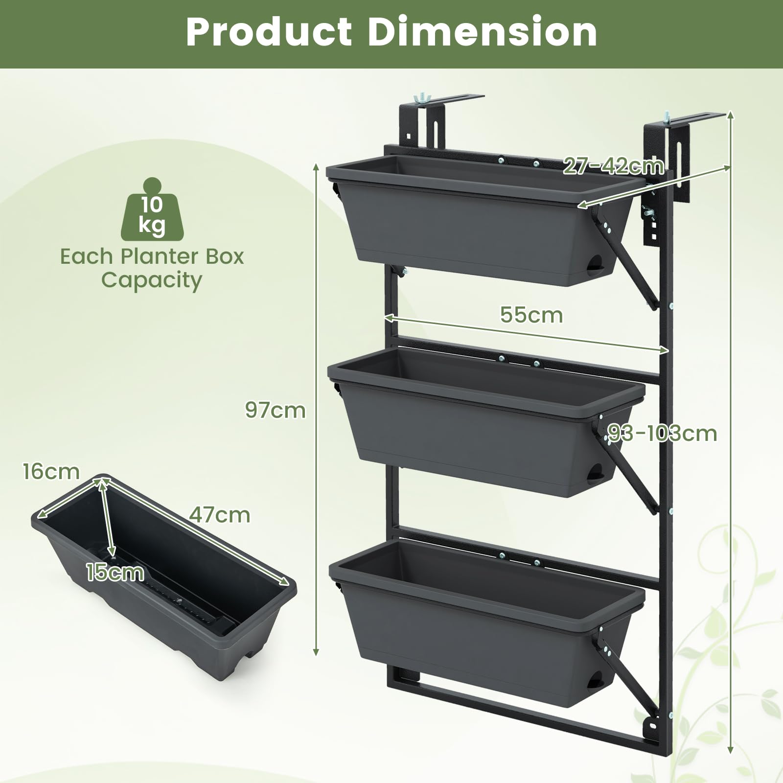 Hanging Vertical Planter, Self-Watering Wall-Mounted Adjustable Railing Planter with 3 Planter Boxes & Detachable Hooks for Flowers
