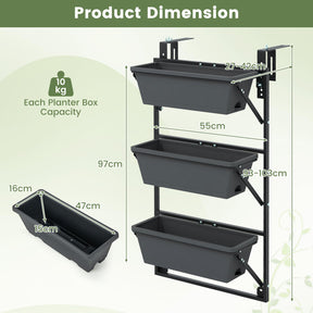 Hanging Vertical Planter, Self-Watering Wall-Mounted Adjustable Railing Planter with 3 Planter Boxes & Detachable Hooks for Flowers