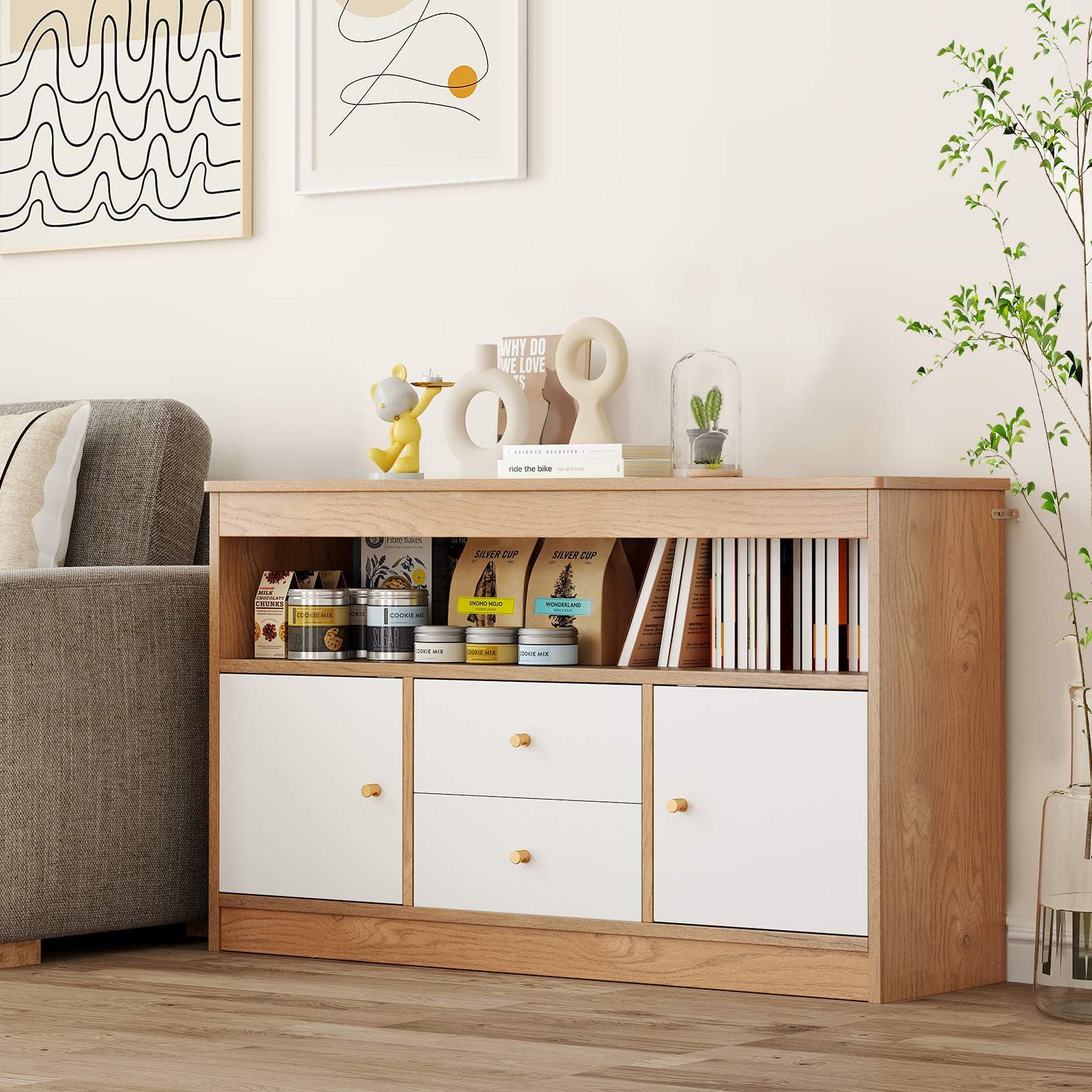 Toy Storage Organiser for Kids, Storage Chest with 2 Drawers, 2 Closed Cabinets and 1 Open Compartment for Books and Dolls