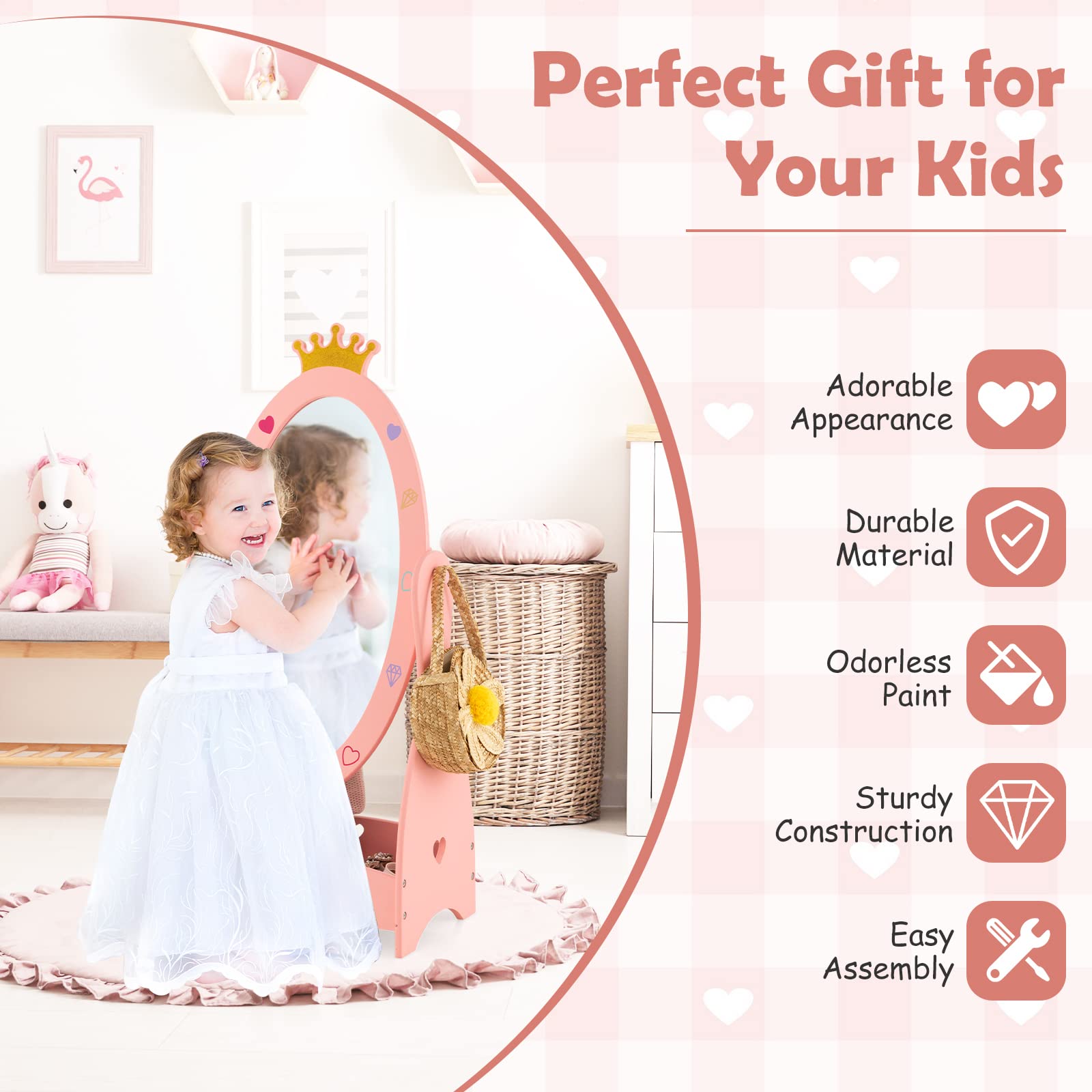 Kids Freestanding Dressing Mirror with 360° Rotatable Design-Pink