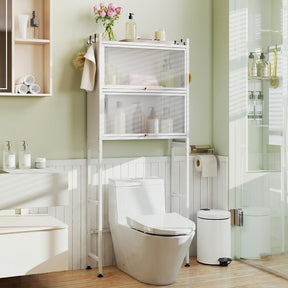 166 cm Over-the-toilet Cabinet, Bathroom Organizer w/ 2 Flip-up Cabinets, See-through Fluted Doors