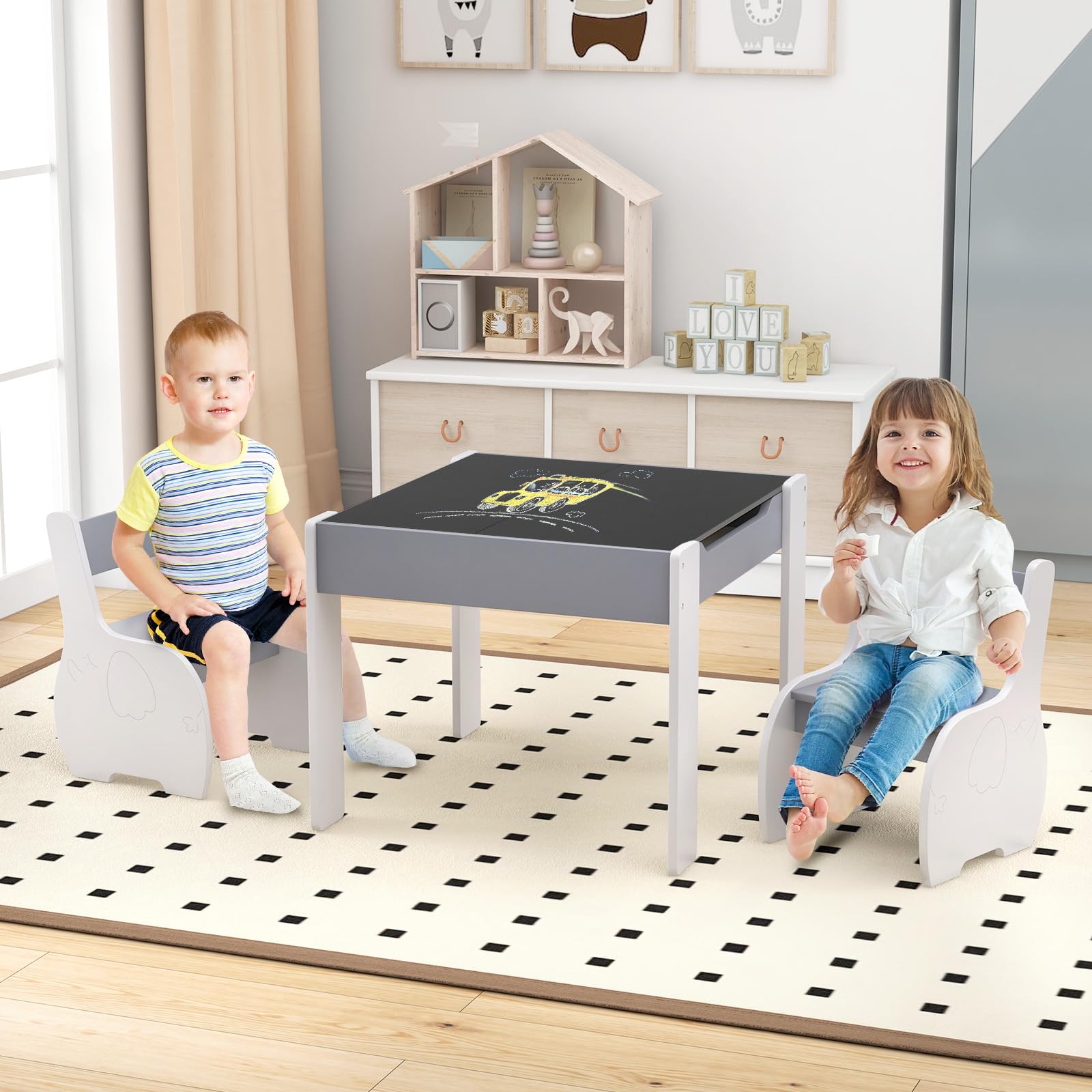 HONEY JOY Kids Table and Chair Set, 3-in-1 Wooden Activity Table and 2 Chairs for Drawing, Studying