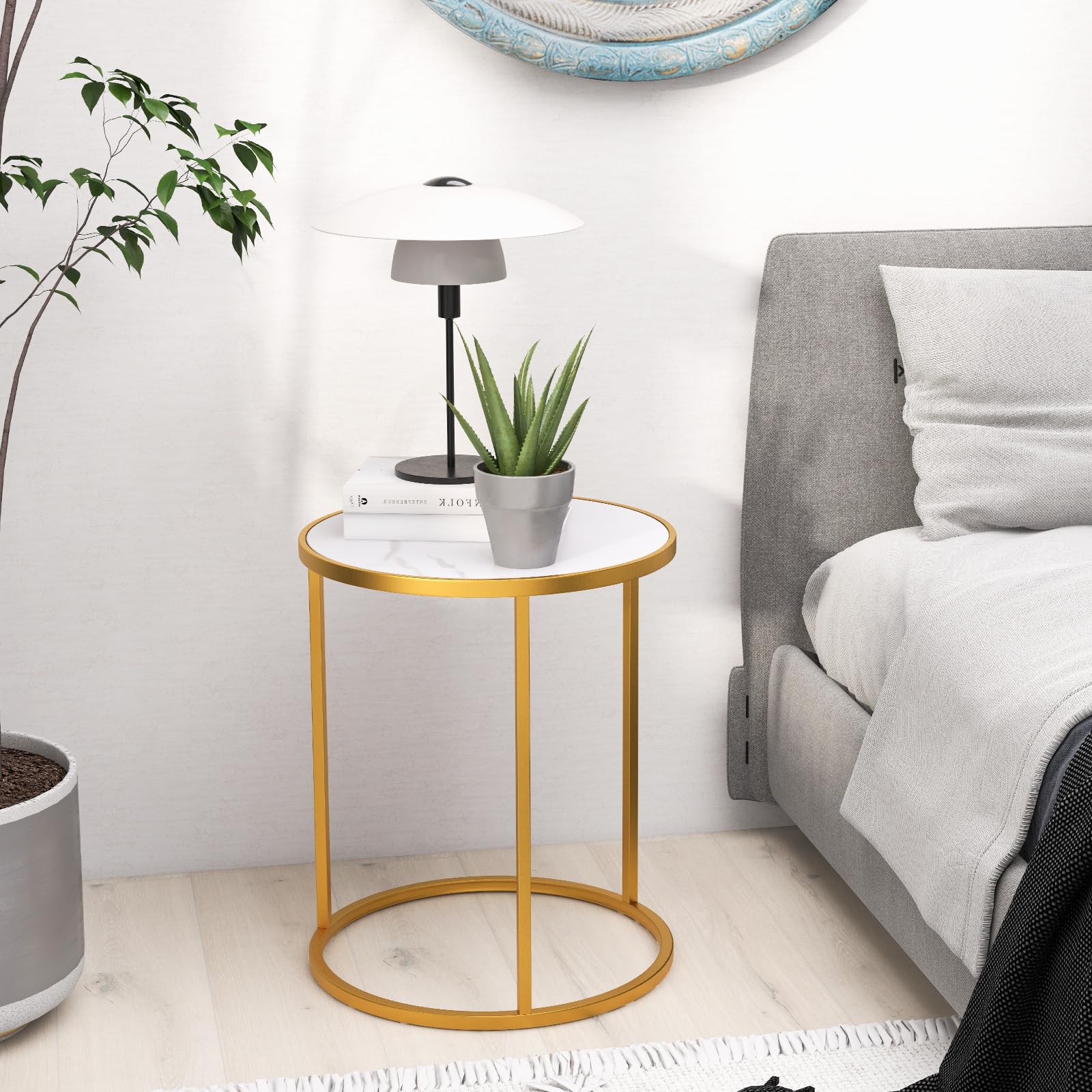 Round Side Table, 40 x 40cm End Table w/Marble Top & Golden Metal Frame