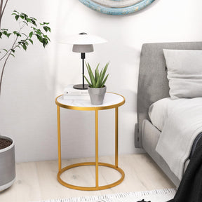 Round Side Table, 40 x 40cm End Table w/Marble Top & Golden Metal Frame