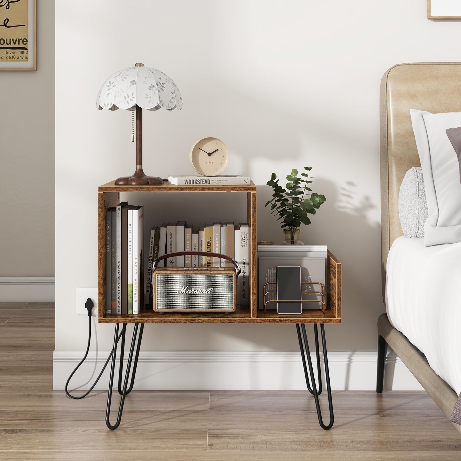 Giantex Record Player Stand with Power Outlet, Turntable Stand with Vinyl Divider & Display Shelf