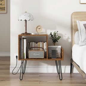 Giantex Record Player Stand with Power Outlet, Turntable Stand with Vinyl Divider & Display Shelf