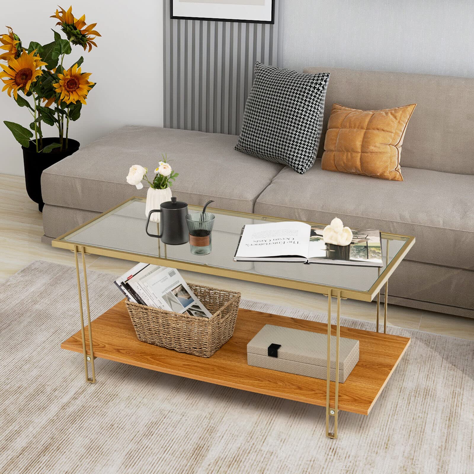 Giantex Rectangular Coffee Table, Modern Central Table w/Storage Shelf