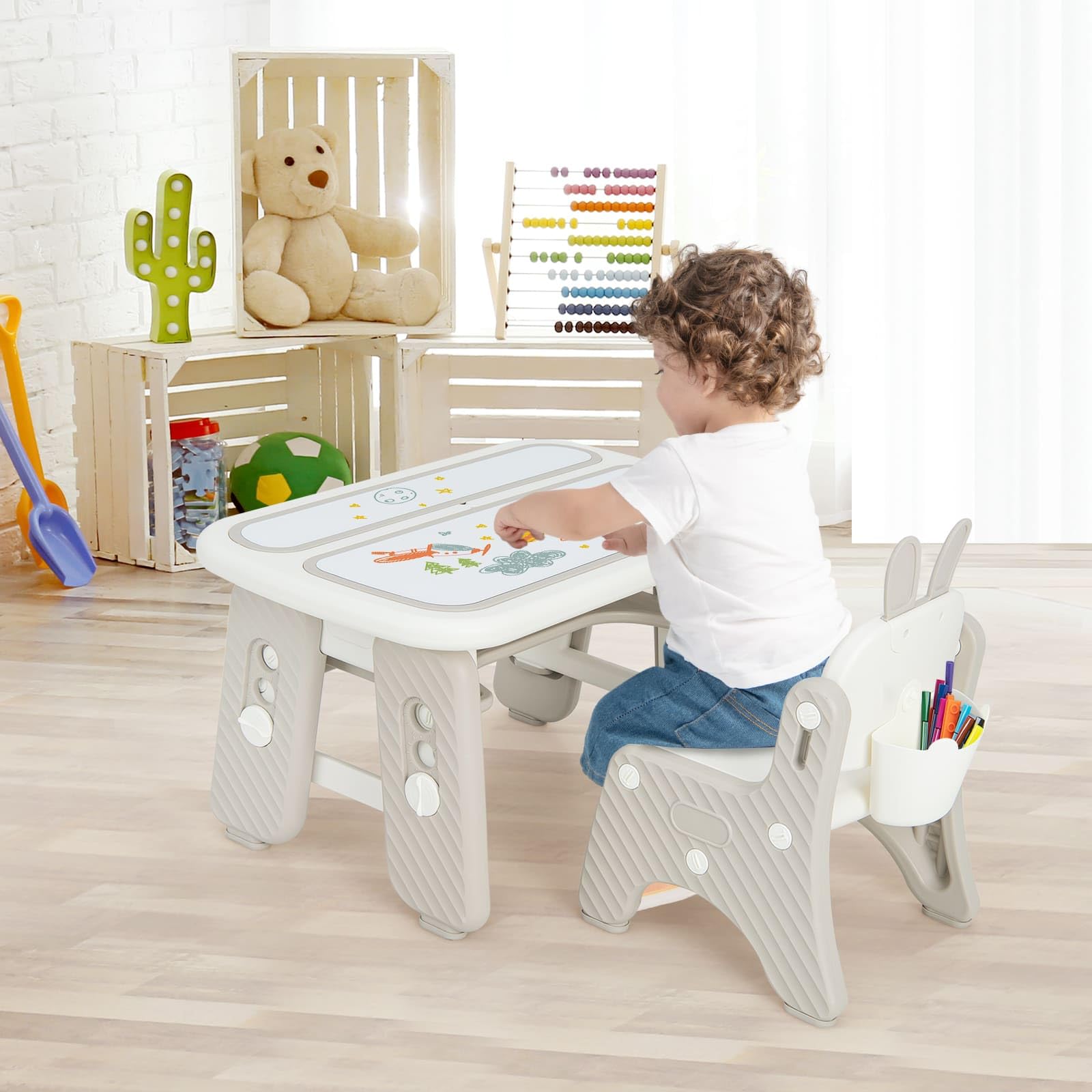 Kids Table & Chair Set, Graffiti Toddlers Art Table & Chair w/Flip-Top Bookshelf