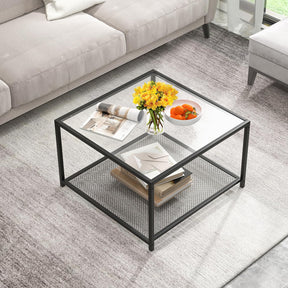 Giantex Glass Coffee Table with Storage, 70cm Modern 2-Tier Square Coffee Table with Mesh Shelf