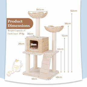 122cm Cattail Cat Tower w/Sisal Scratching Posts, Condo, Basket Bed