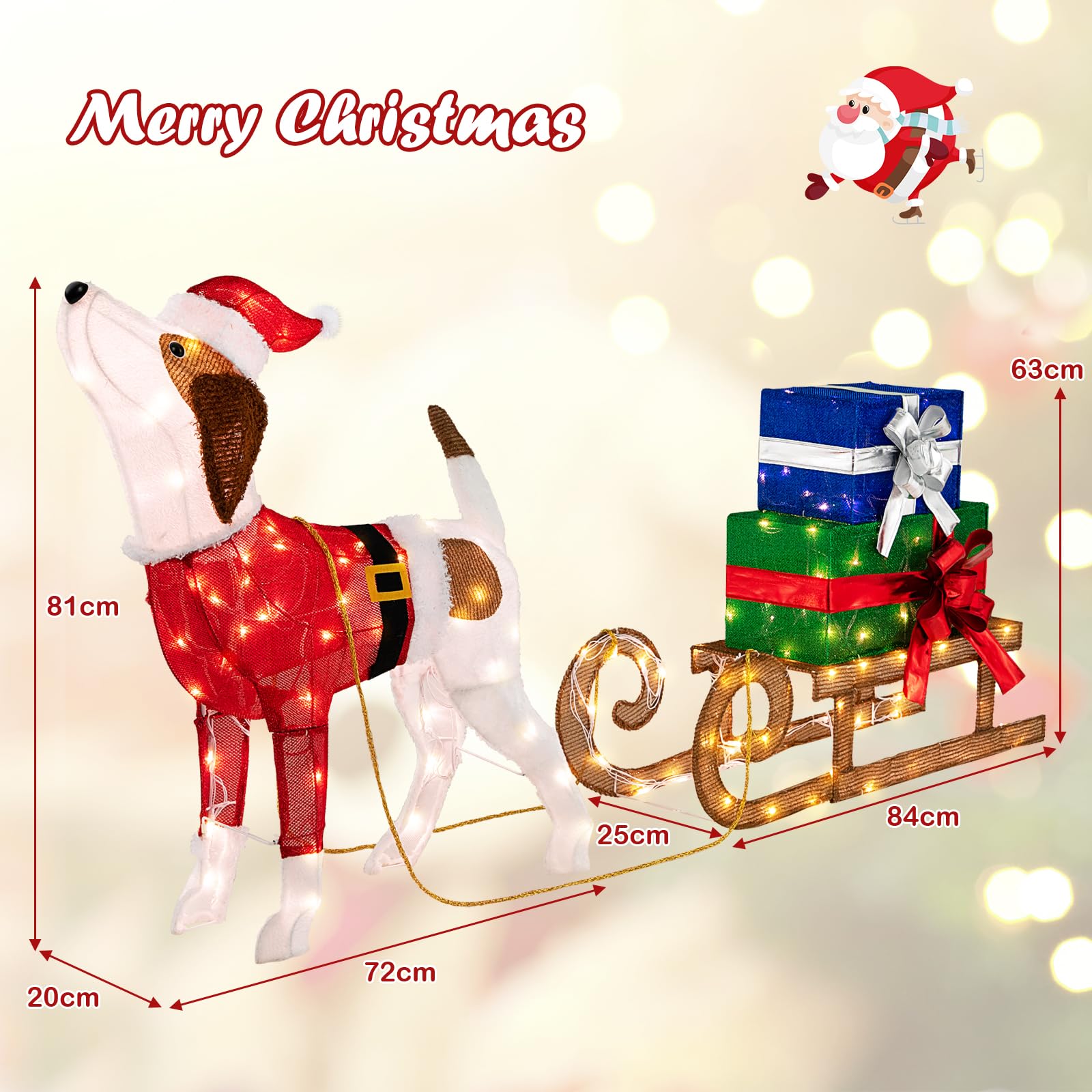 Lighted Christmas Decorations, 170 Warm Bright Lights Outdoor Pre-lit Xmas Dog & Sleigh & Gift Boxes Combo