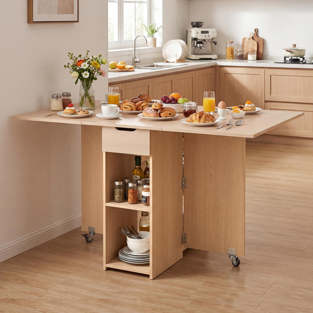 Folding Dining Table for 2-4, Space Saving Kitchen Table Drop Leaf with 2 Open Shelves & Drawer
