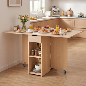 Folding Dining Table for 2-4, Space Saving Kitchen Table Drop Leaf with 2 Open Shelves & Drawer