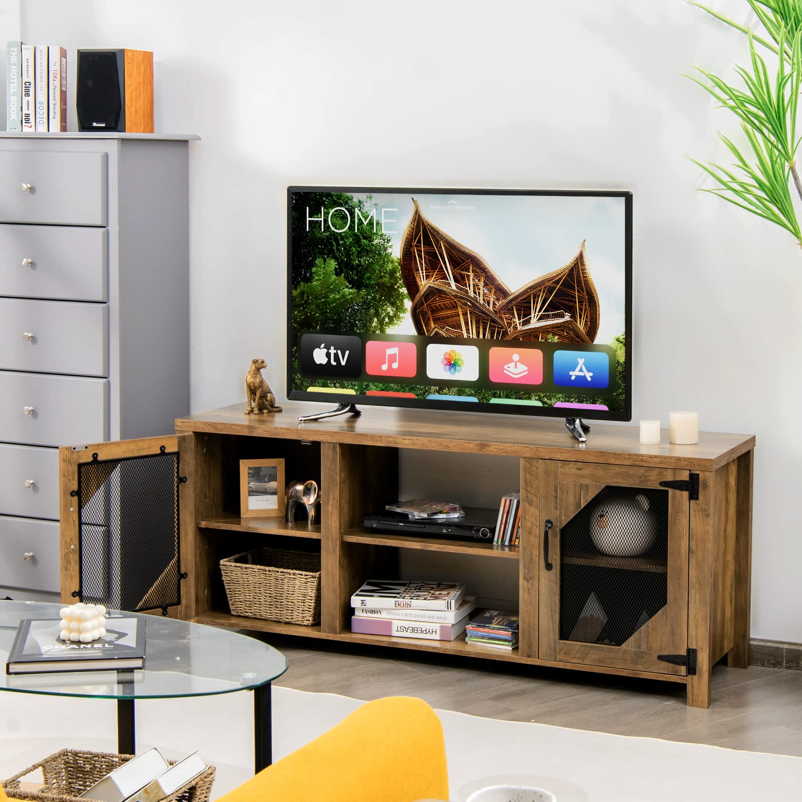 Giantex TV Stand for 65-Inch TV, Media Console Cabinet w/ 2 Metal Mesh Doors & Adjustable Shelves