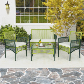 4 Piece Patio Round Wicker Conversation Set W/Soft Cushions