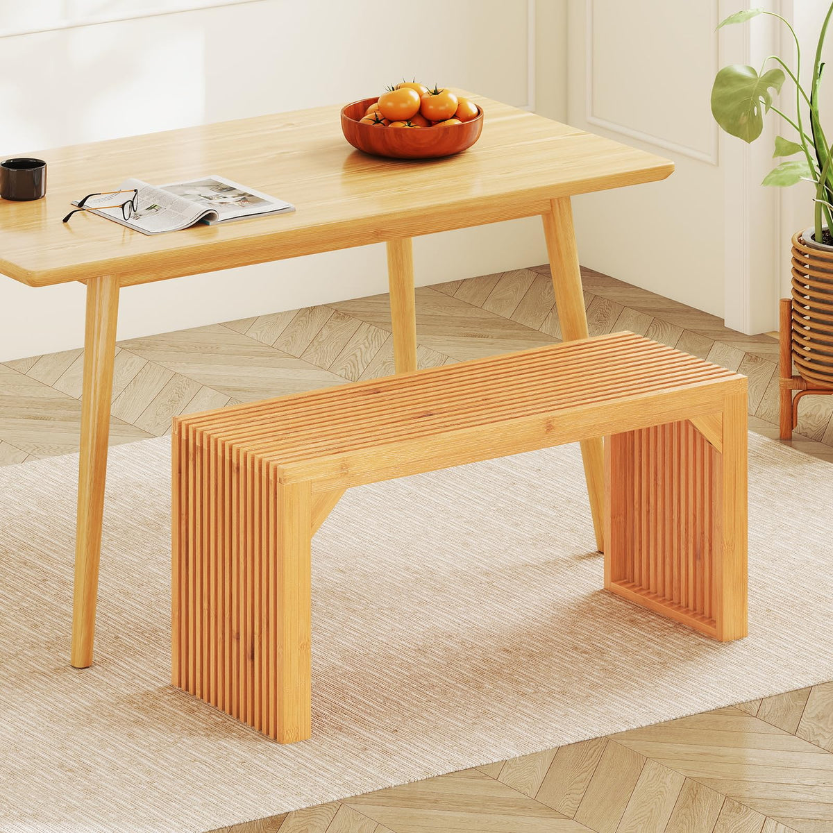 Bamboo Dining Bench, 90CM Long Entryway Bench, Indoor Outdoor Solid Wood Bench