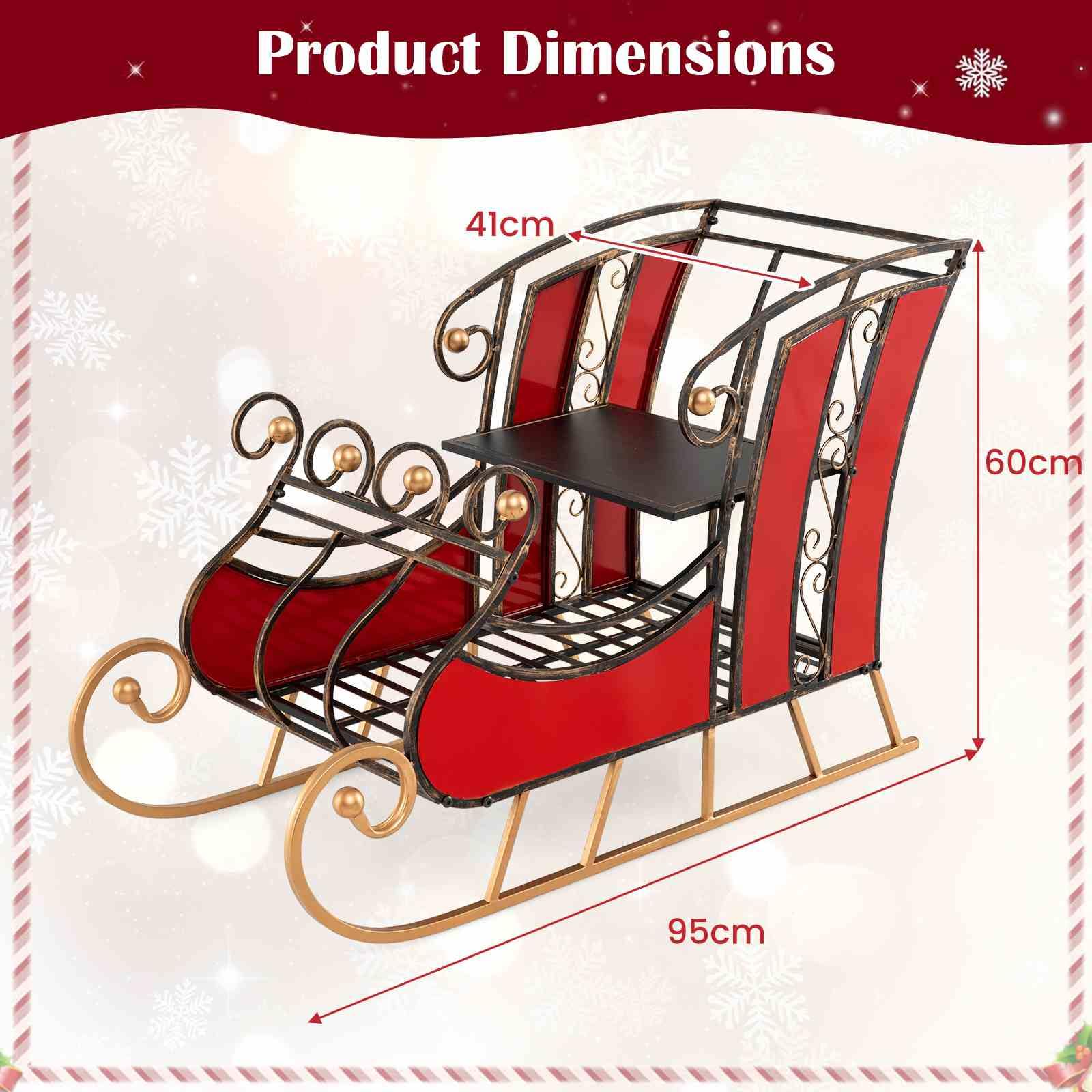 95CM Christmas Metal Sleigh Decoration, Decorative Santa’s Sleigh with 2-Tier Storage Shelf