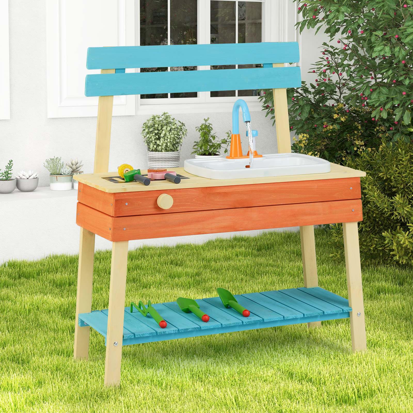 Wooden Kids Play Kitchen Set with Removable Sink and Grill Rack Mud Kitchen