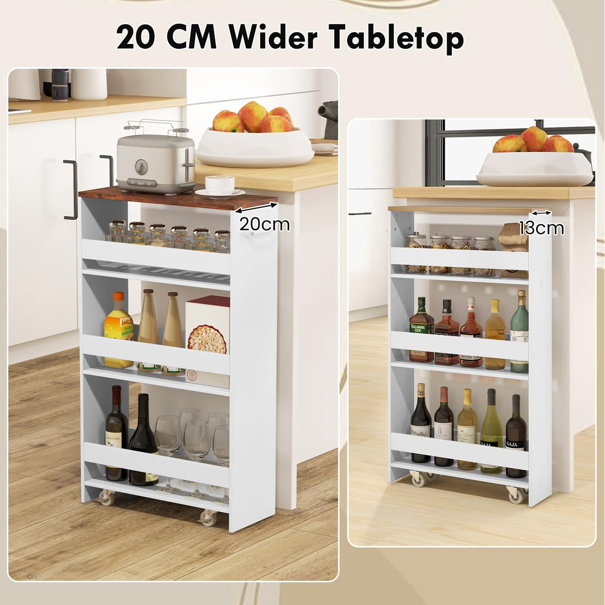 4-Tier Rolling Storage Cart, 20cm Slim Kitchen Cart on Wheels