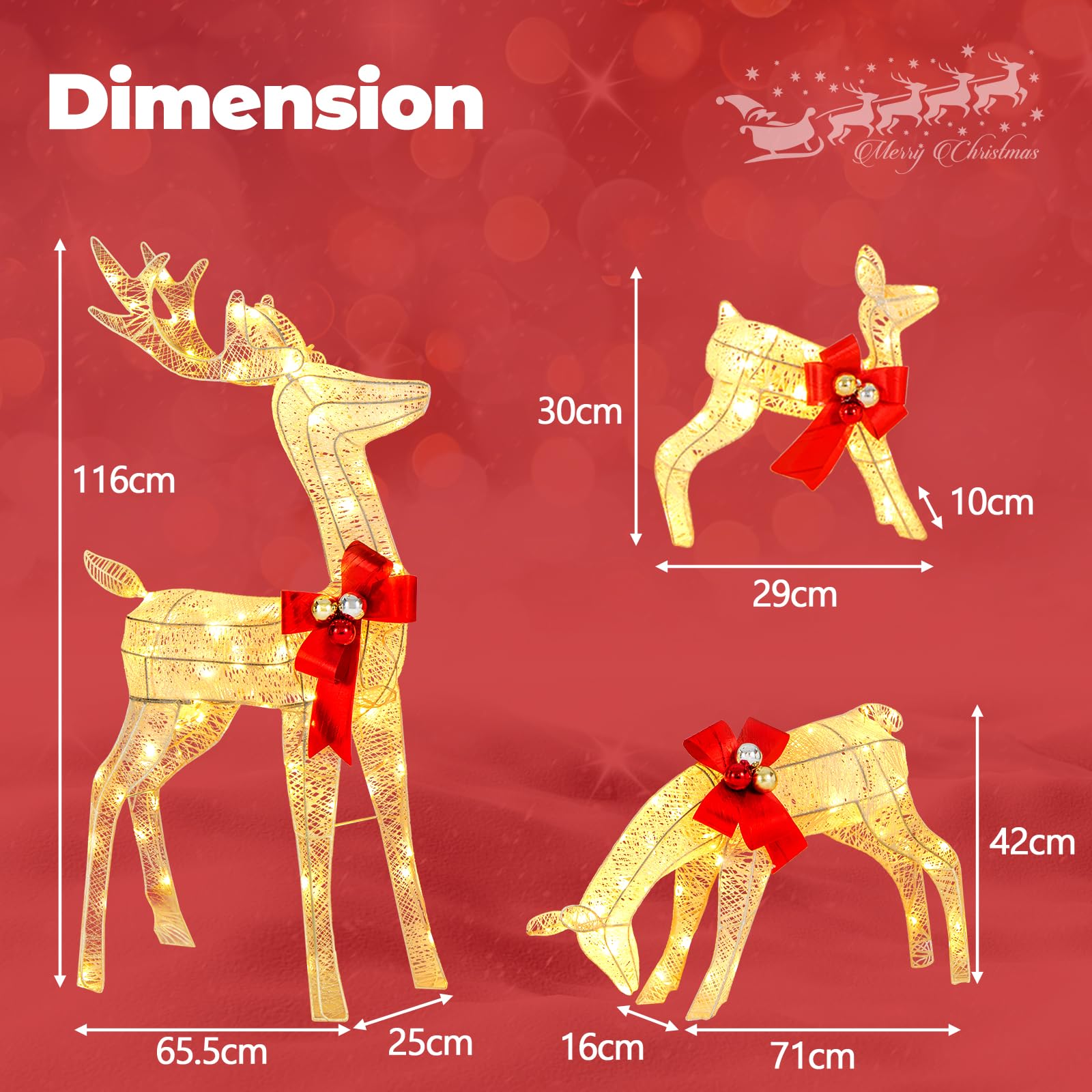 3 Pieces Lighted Reindeer Family Set, Pre-lit Christmas Decoration w/ 230 LED Lights, Stakes