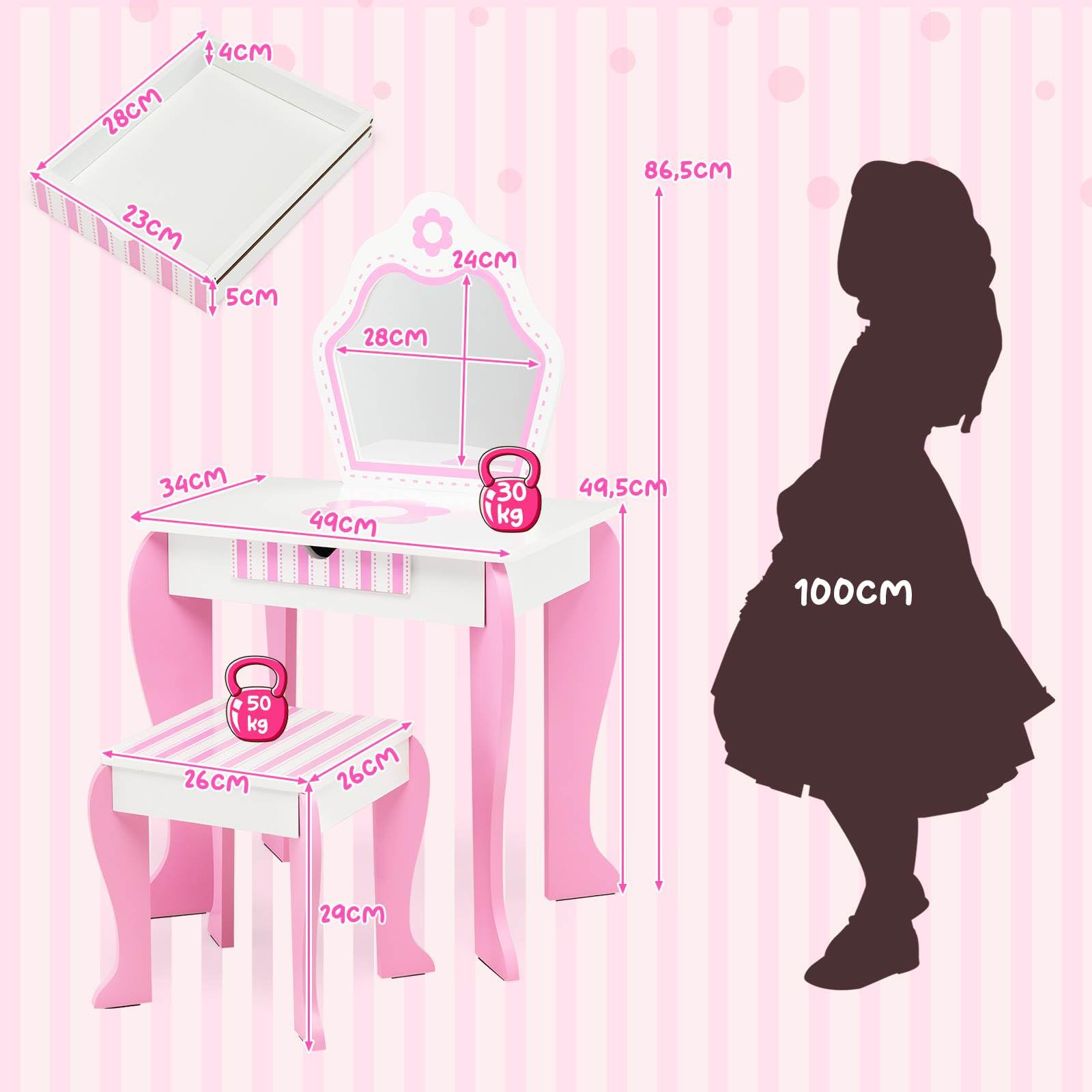 Kids Vanity Table & Stool Set, Wooden Princess Makeup Dressing Table with Detachable Top & Writing Desk