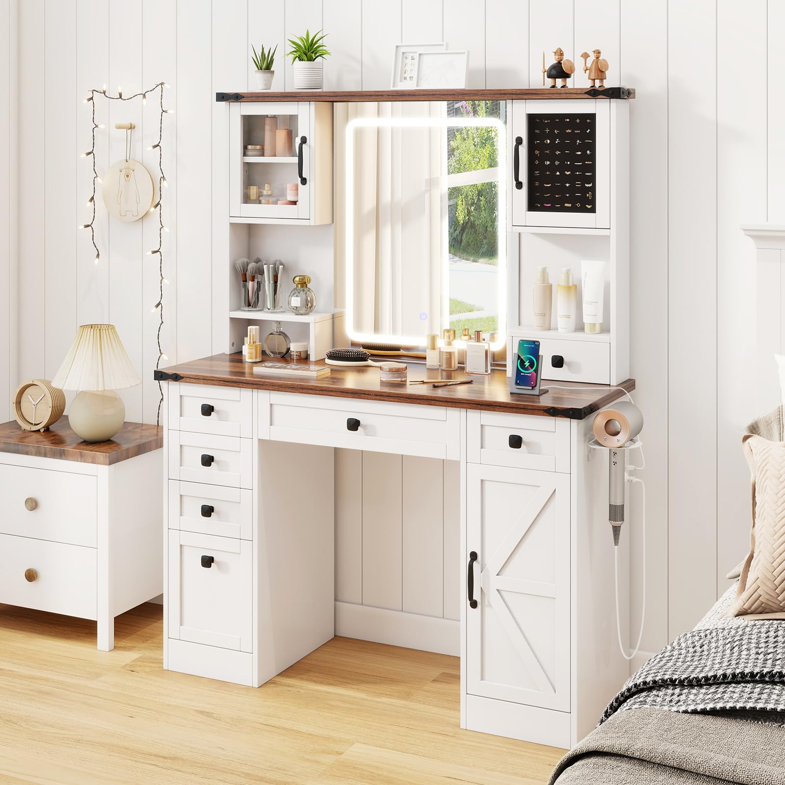 Giantex Farmhouse Vanity Desk with Lighted Mirror