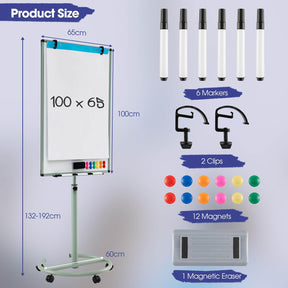 100x65cm Rolling Magnetic Whiteboard w/Height Adjustable Stand